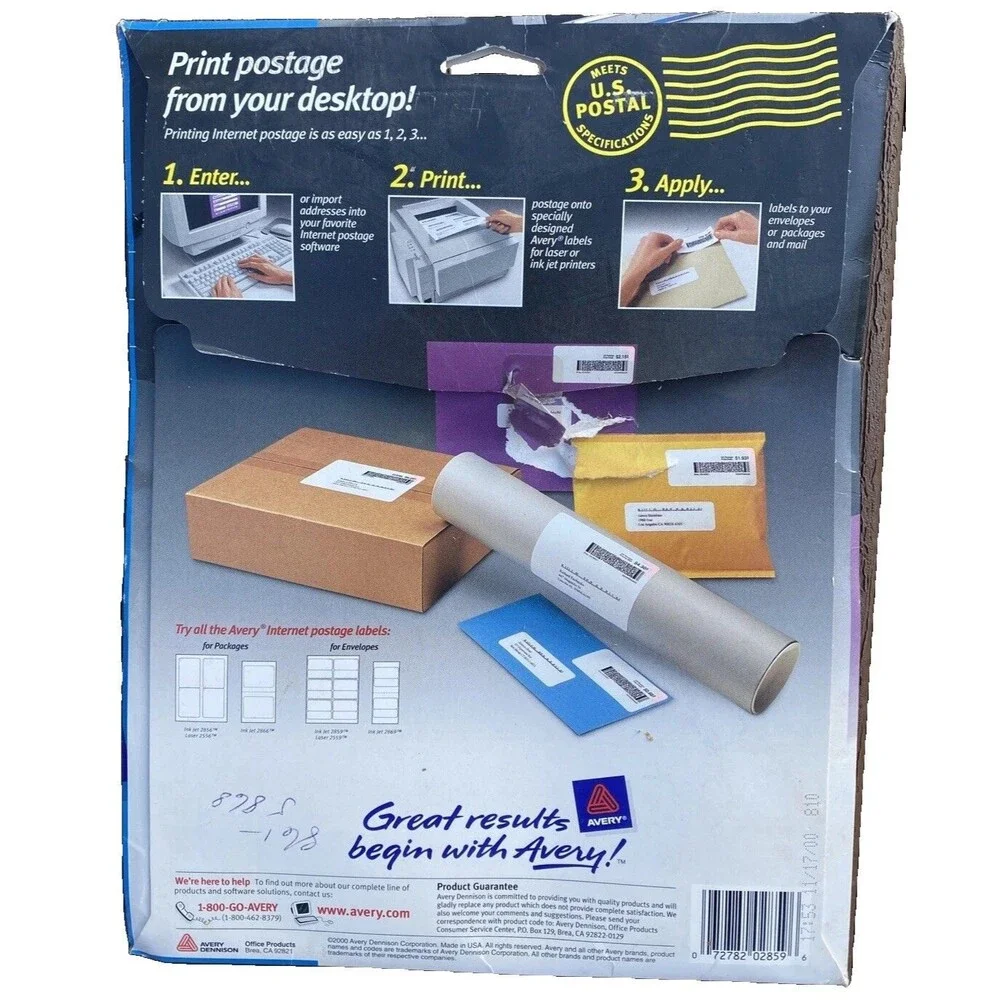 AVERY White INTERNET Postage LABELS For Envelopes 15 Sheets 6 Labels/ Sheet 2859